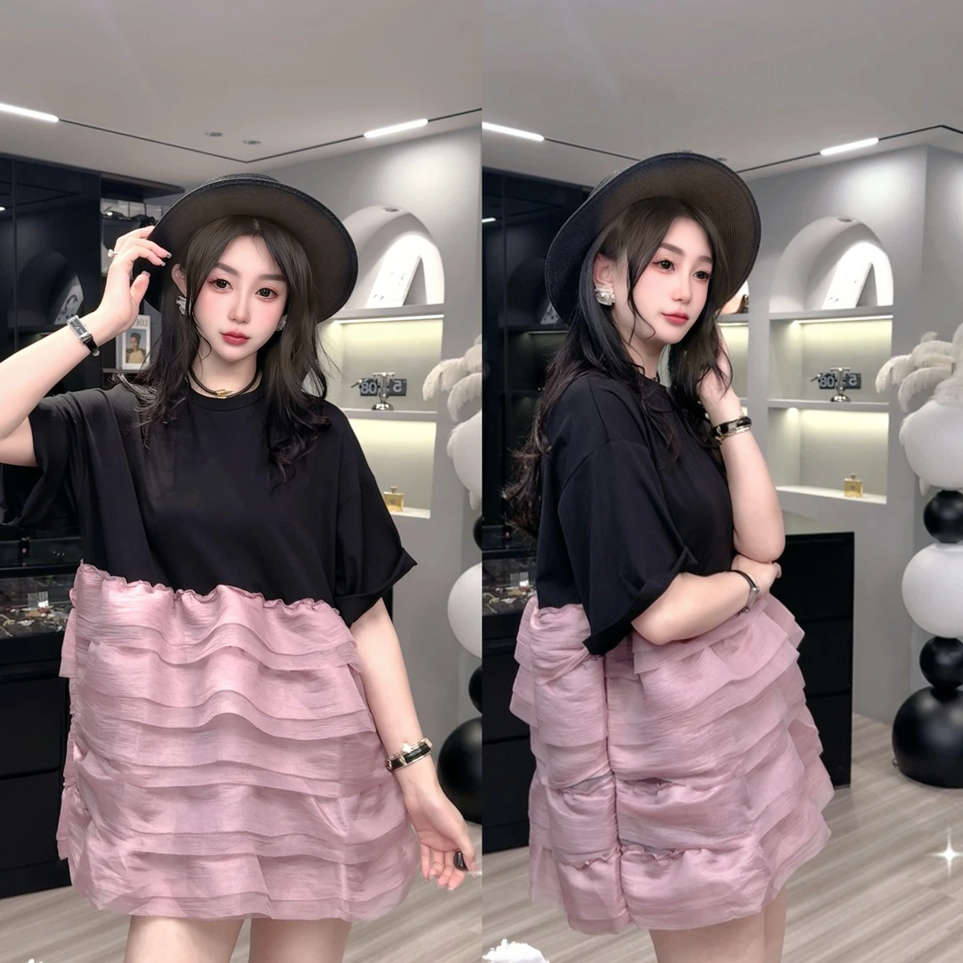 设计感中长款短袖T恤女2025夏季新款宽松设计感百搭撞色洋气上衣