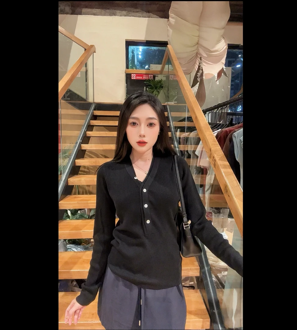 【海岛简爱】V领女丝混纺针织衫时尚毛针织衫7736