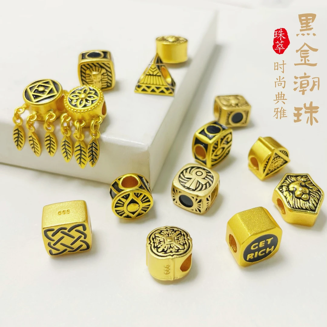 铜合金珐琅手链 古法仿金复古情侣民族风桶珠转运珠手工diy