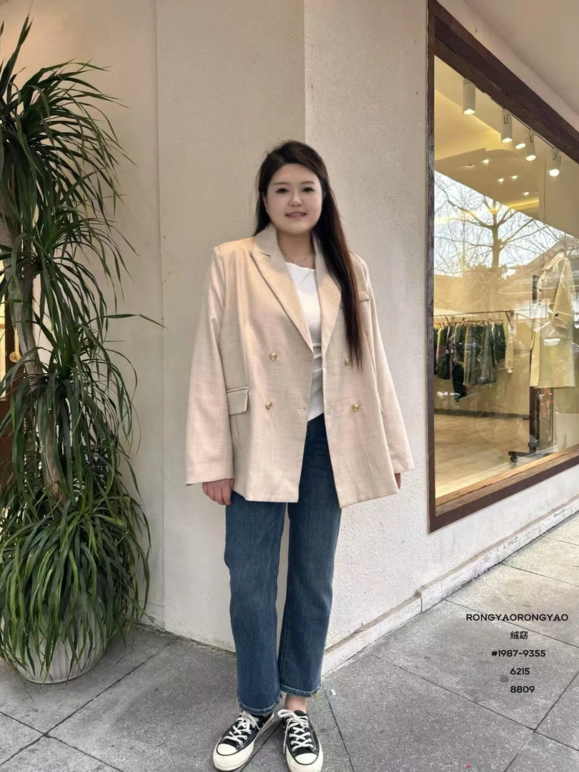 微胖mm金扣韩系宽松西装外套9355