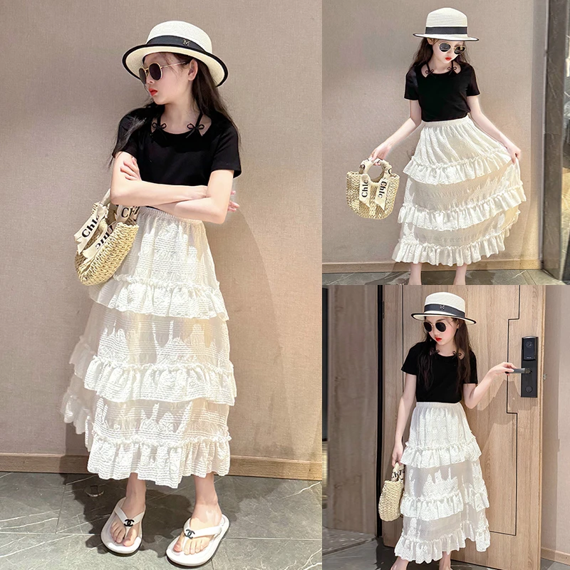 女童裙子高级感夏2025新款女孩大童洋气白色蛋糕裙夏季半身裙套装