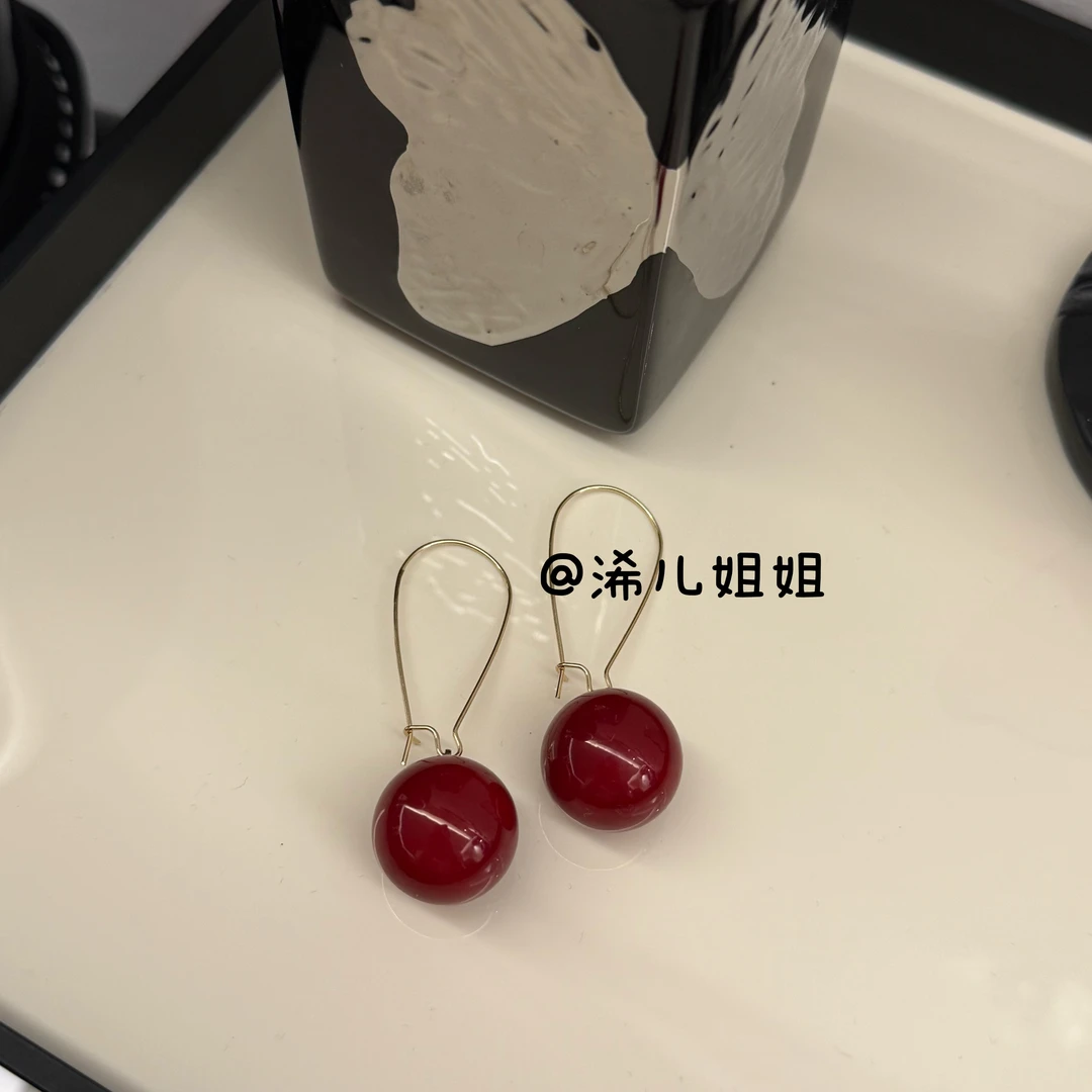铜合金仿珍珠耳饰 【浠儿家】时尚红色小众设计感耳环时尚百搭高级