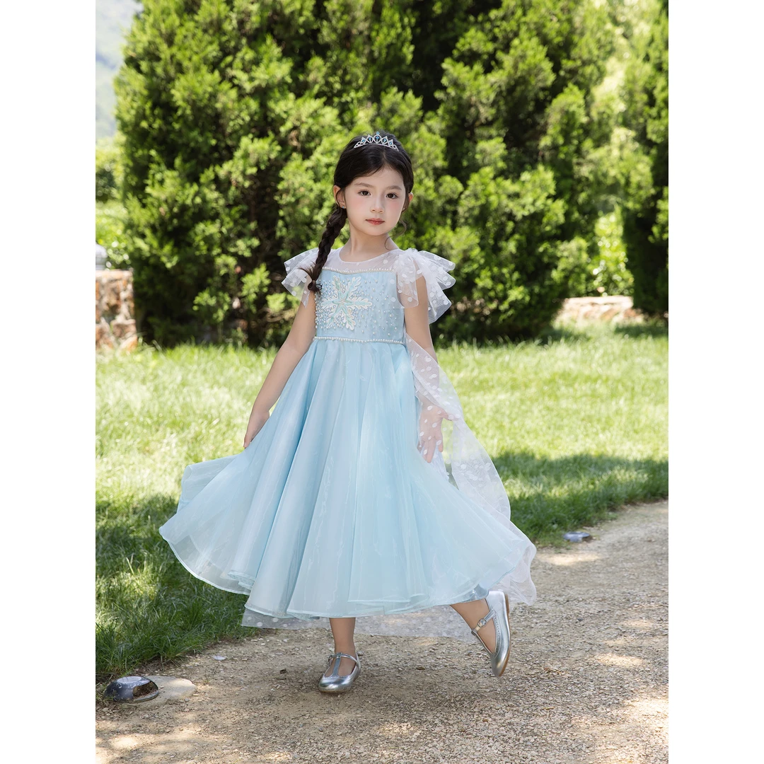 SonnyKids 女童25春夏新款高定艾莎公主裙重工钉珠亮片设计感礼裙