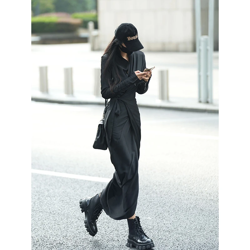 Luna7xi 黑色长袖一片式绑带衬衫连衣裙女秋款设计感裹身裙开叉裙