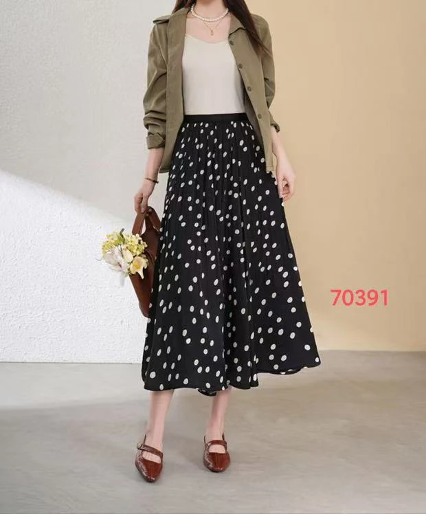 波点A字高腰松紧显瘦中长半身裙夏季新款百搭裙子