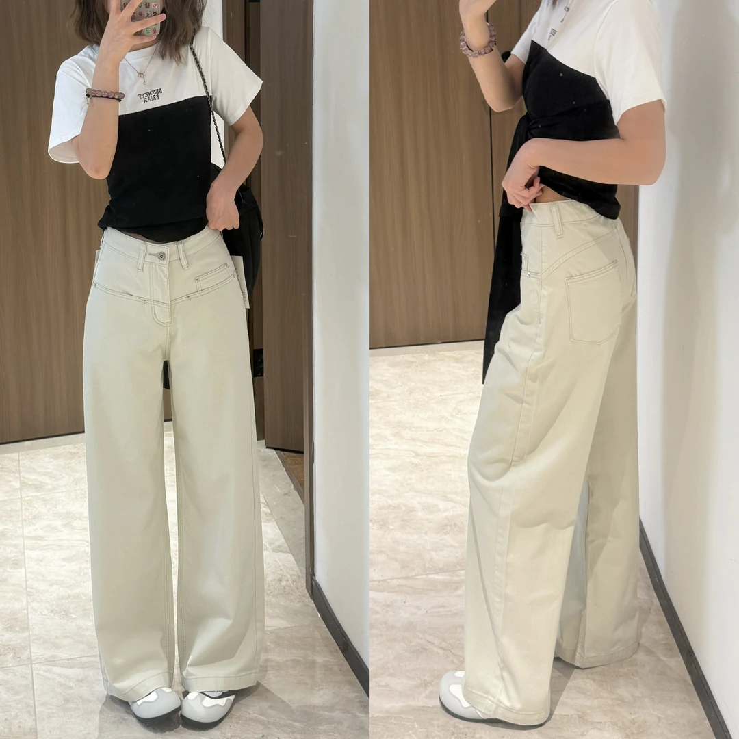 杏色秋季高腰阔腿工装牛仔裤女2025新款窄版宽松显瘦直筒拖地裤子