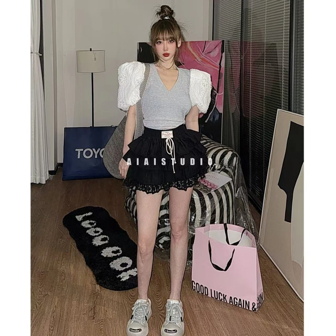 AIAI【泡肩蕾丝】韩代泡泡短袖V领弹力修身T恤百搭洋气显瘦上衣女夏