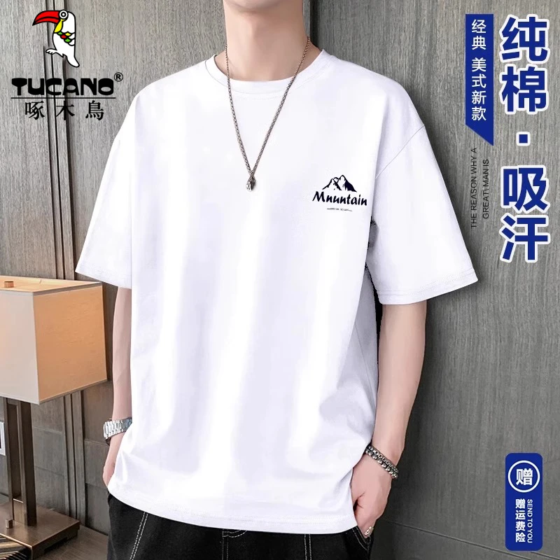 啄木鸟纯棉短袖T恤男士夏季潮流印花ins圆领半袖休闲上衣百搭宽松