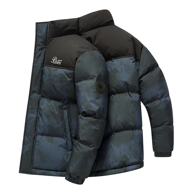 2025冬季新款男士潮流拼色立领羽绒服男短款加厚保暖白鸭绒外套男