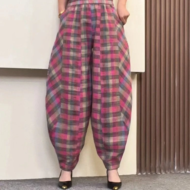 格子松紧哈伦裤夏季薄款休闲裤百搭老钱风新中式时尚阔腿九分裤女