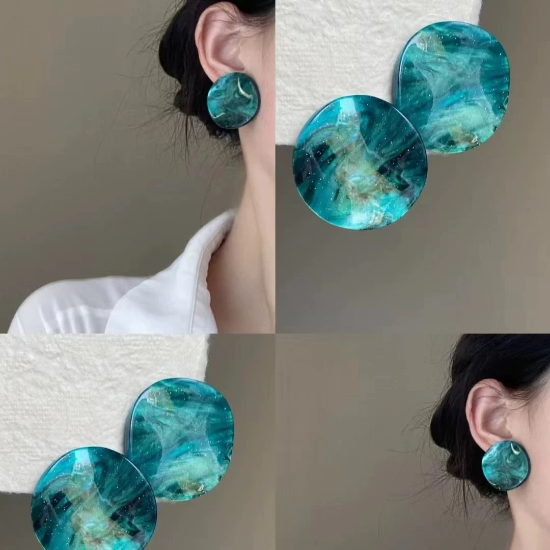 合金耳饰 欧美细闪人鱼姬晕染绿色圆形耳钉女设计感耳环耳饰复古