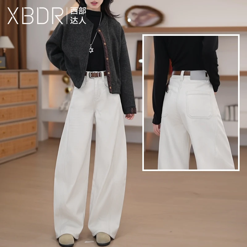 2025秋冬新款加绒高腰阔腿牛仔裤女宽松百搭显瘦松弛感潮版弯刀裤