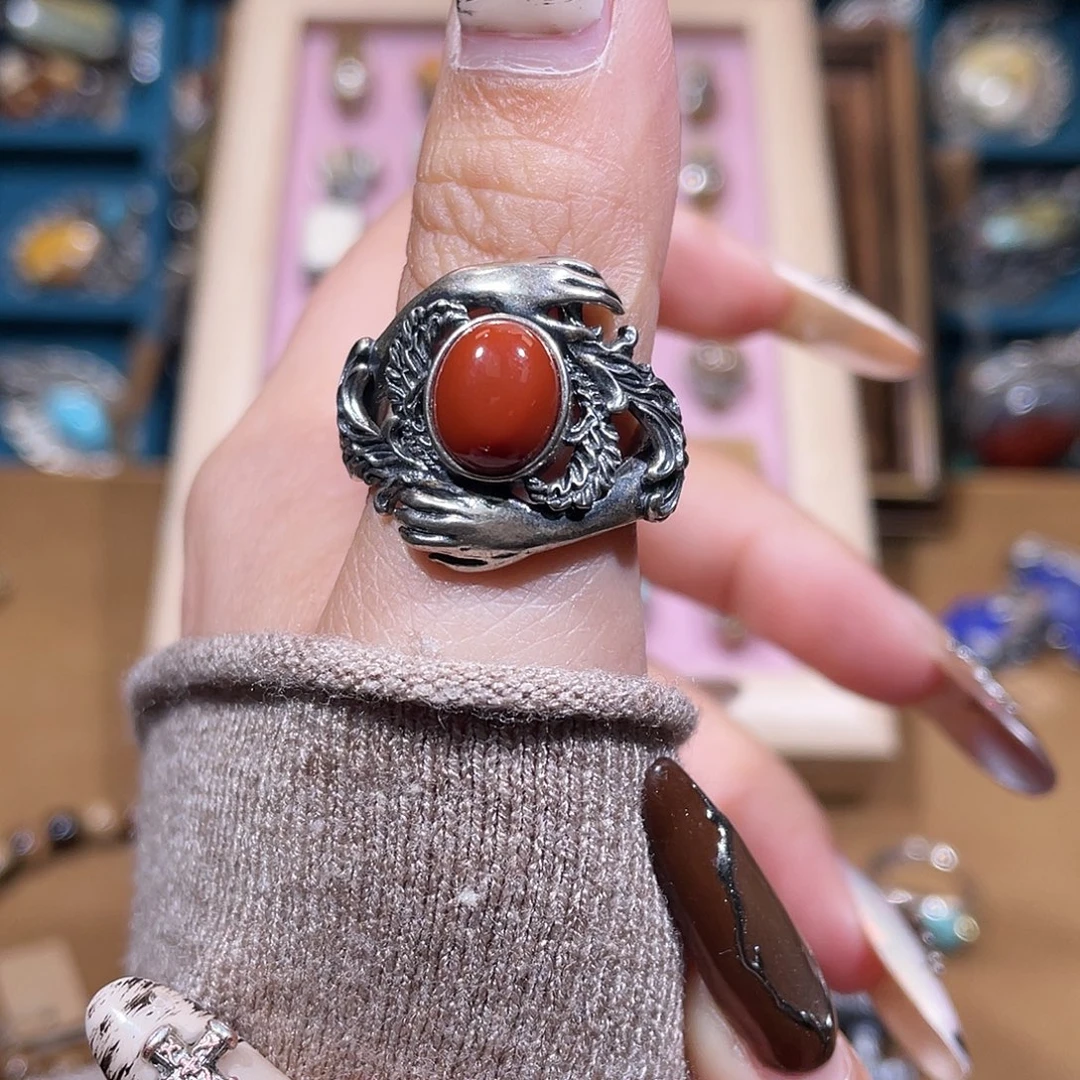 小***貓南红玛瑙银S925镶嵌戒指戒指