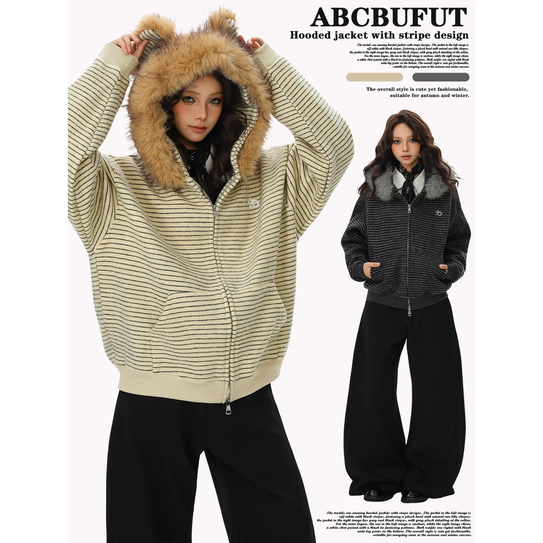 ABCBUFUT美式复古条纹可拆卸毛领拉链开衫卫衣男女连帽情侣外套潮