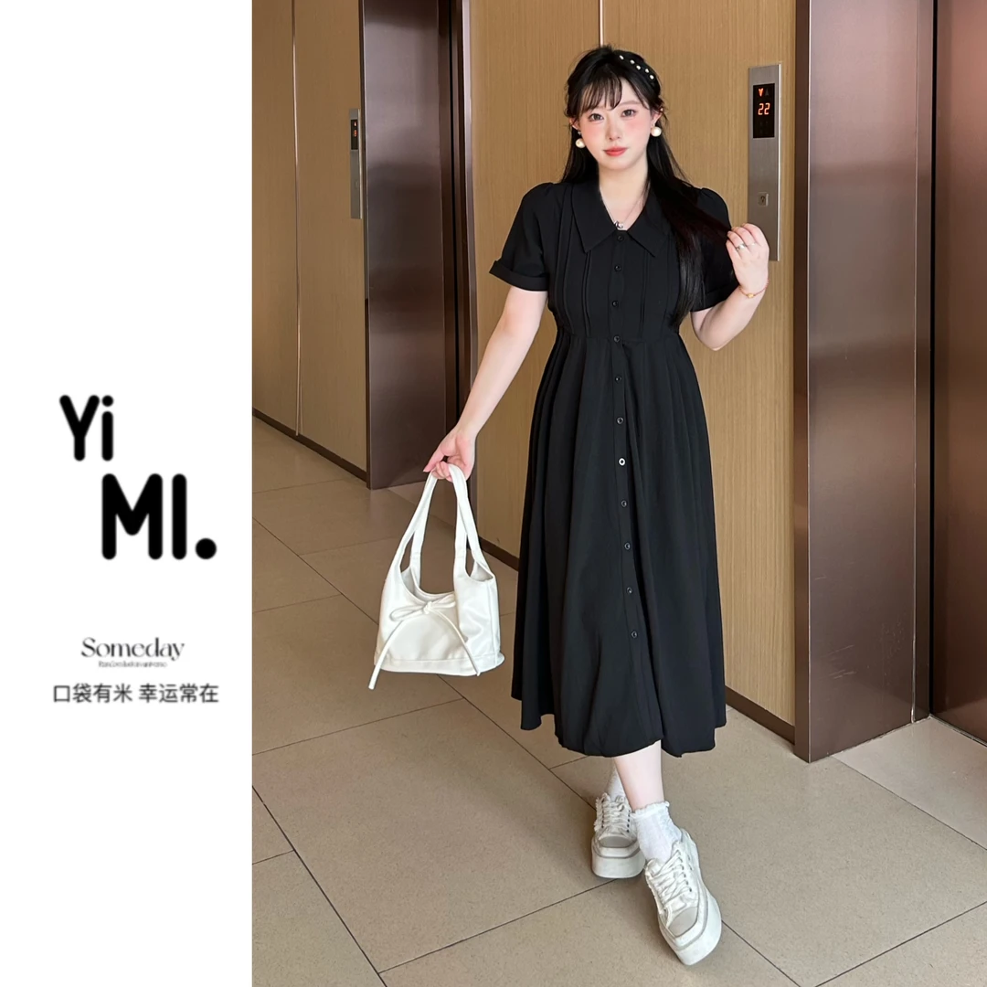 亿米-现货(文艺蔓延)百褶气质单排扣收腰大码显瘦短袖衬衫连衣裙