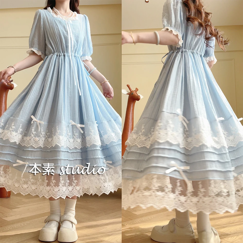辛德瑞拉Y2796肌理纹蝴蝶结腰侧抽绳蕾丝边方领短袖连衣裙