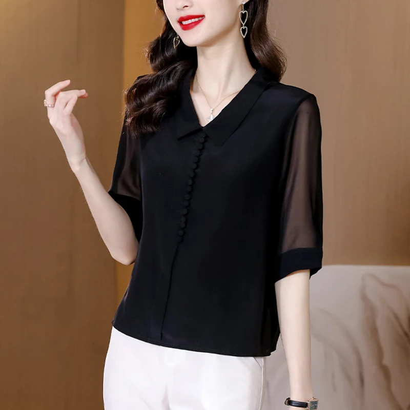 黑色半袖衬衫女士2025夏季高级感时尚显瘦休闲网纱镂空通勤上衣