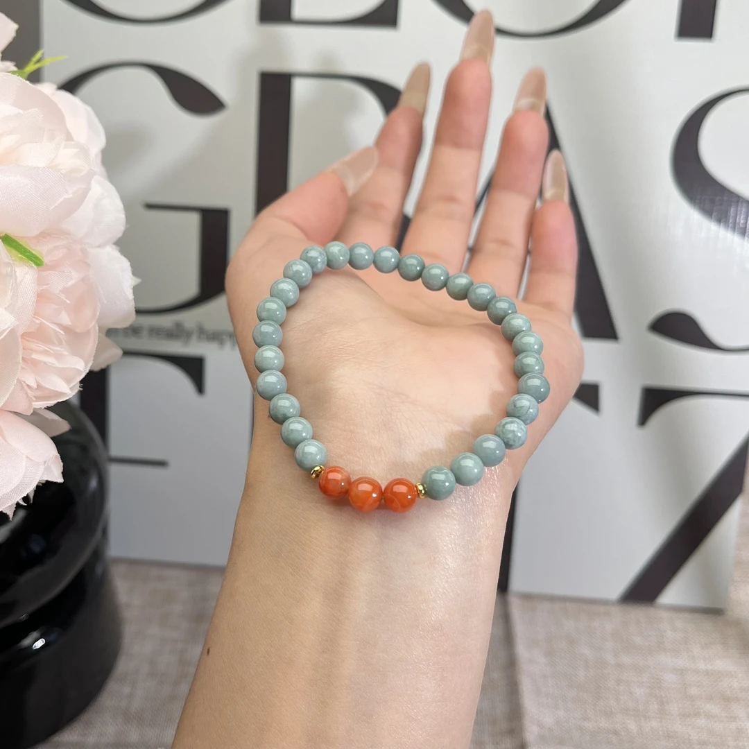 24中式风韵蓝水翡翠6mm搭配冰飘南红手串新中式百搭设计女生