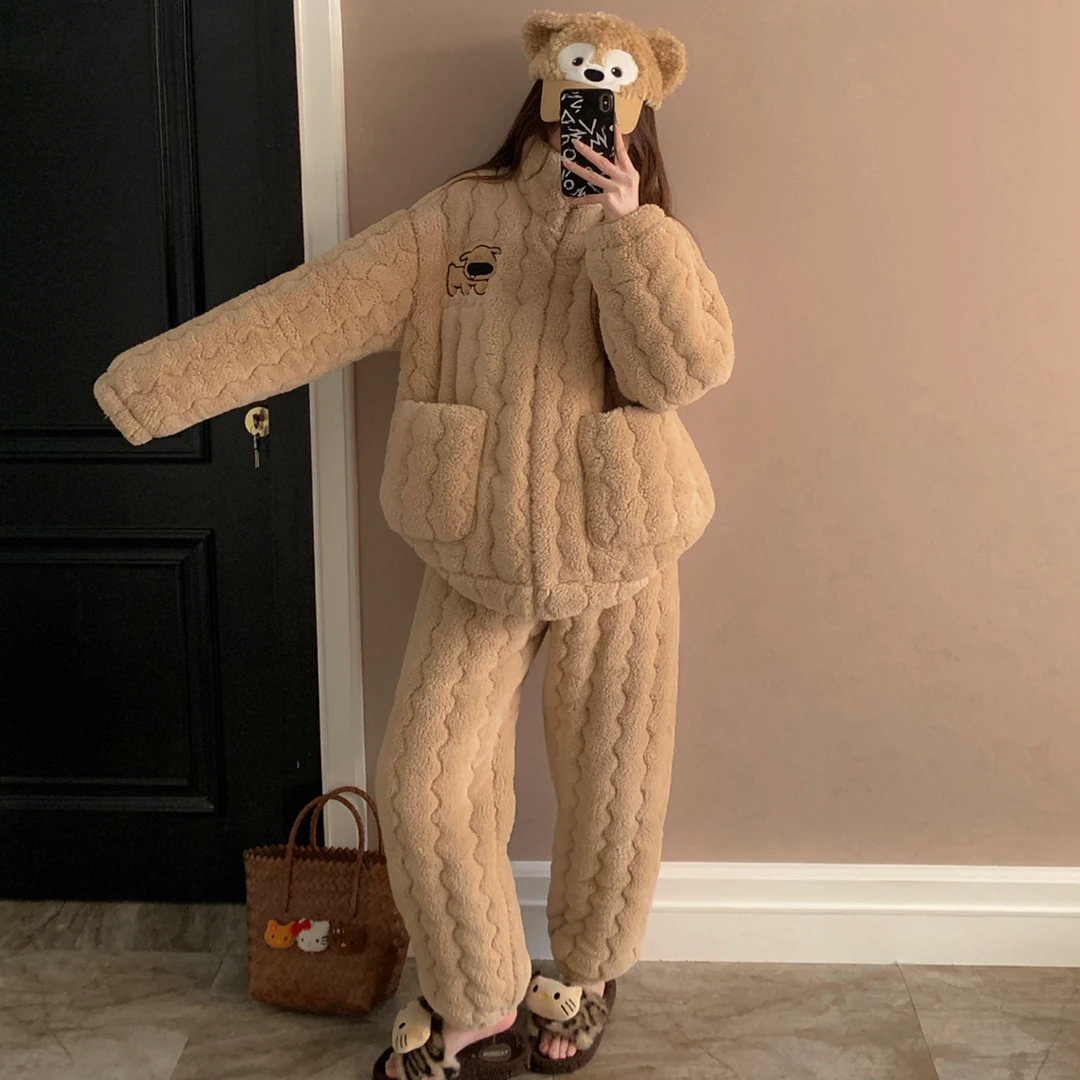 三层珊瑚绒夹棉睡衣女冬季加厚保暖高领拉链学生休闲家居服两件套