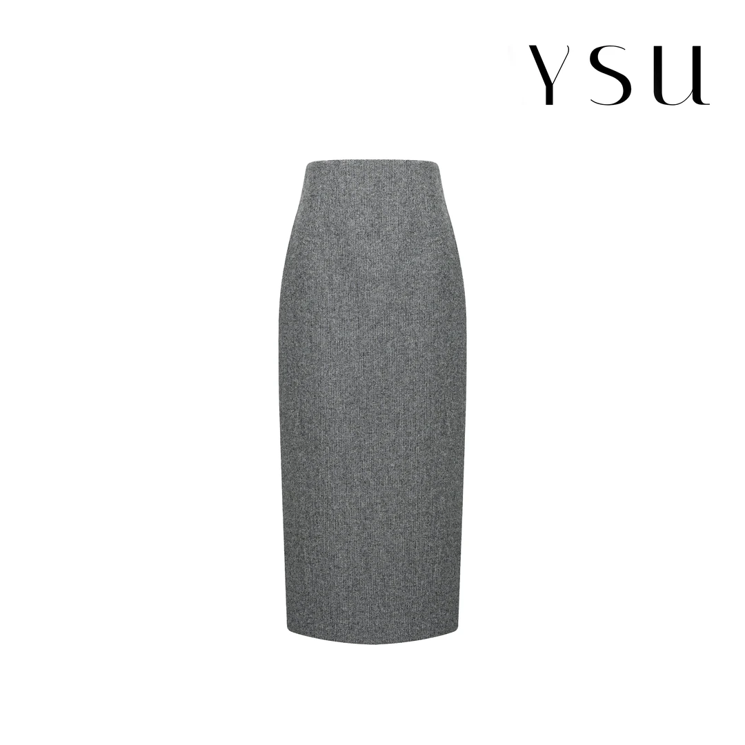 YSU【余书】秋冬优雅气质轻奢百搭包臀后开叉人字纹半身裙  Y320103