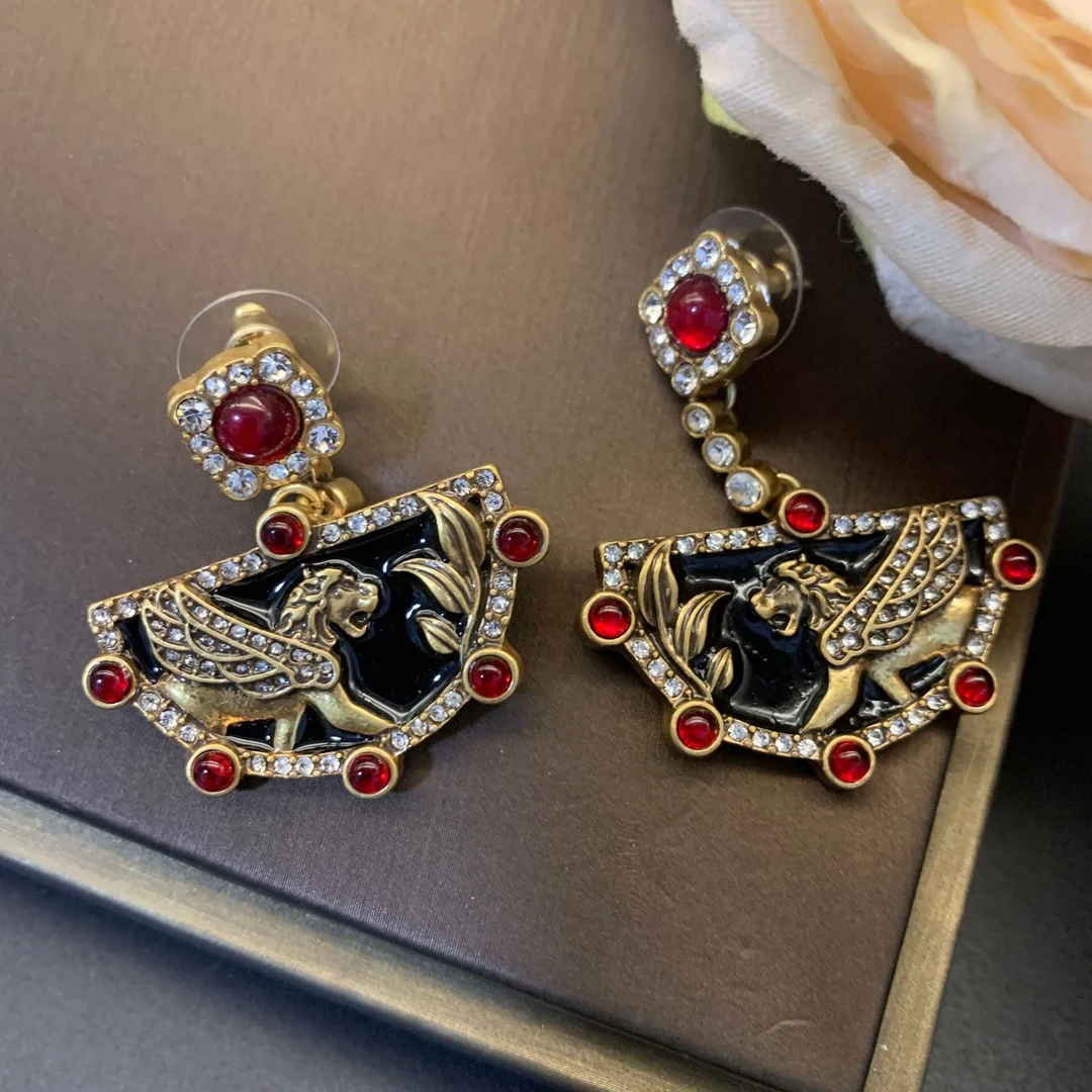 铜合金仿水晶耳饰 法式复古宫廷风轻奢高级耳坠半圆设计做旧耳环