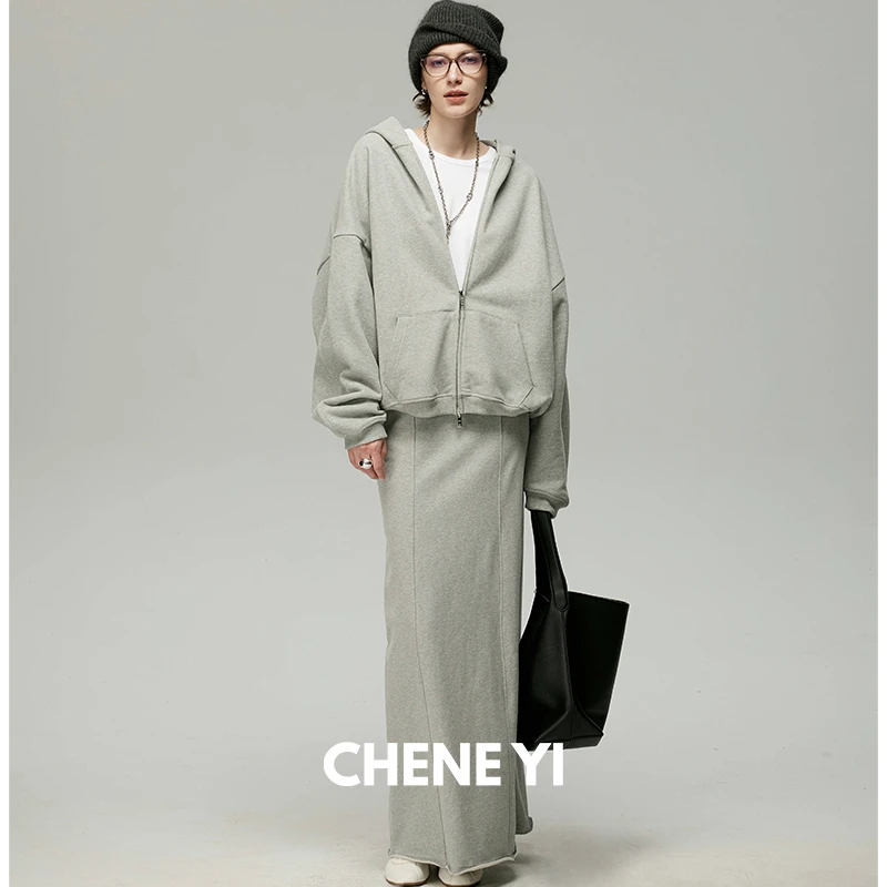 CHENE YI毛圈ATHFLOW风连帽卫衣开衫外套/分割设计卫裙套装女