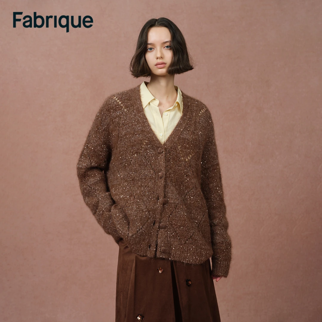 Fabrique Lila 秋冬新品焦糖棕亮片羊驼毛菱格休闲镂空针织开衫