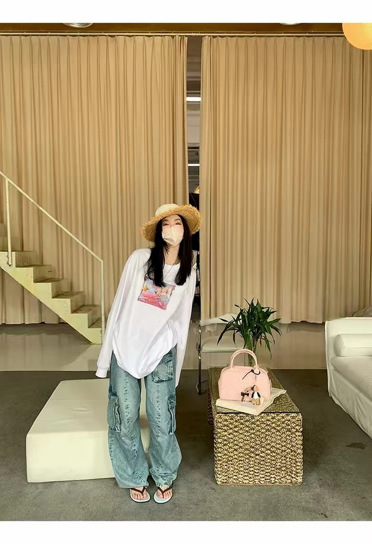 秋款日韩系女款宽松版直筒工装口袋牛仔裤裤子女款早八潮流休闲服