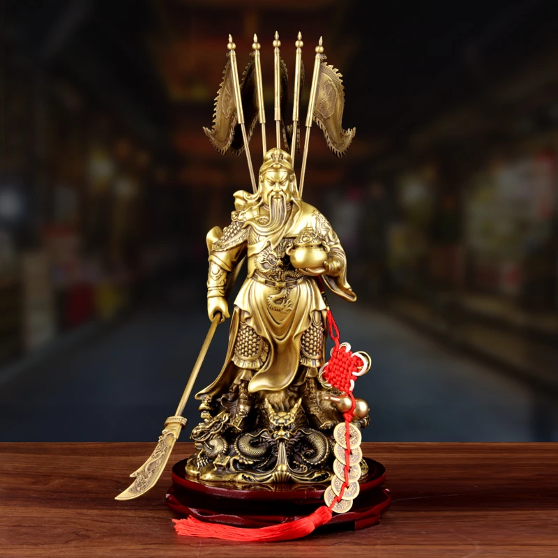 他向铜关公摆件九龙关公武财神关羽关二爷黄铜塑像客厅装饰品开业