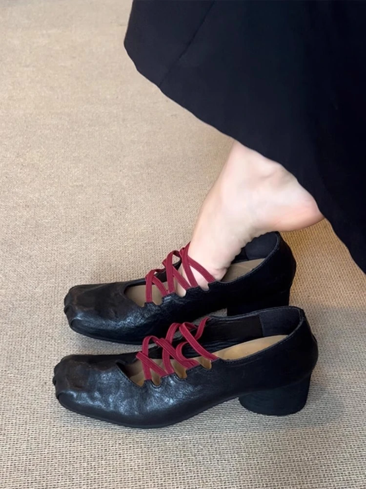 羊皮版~软皮粗跟复古方头交叉绑带玛丽珍鞋女浅口芭蕾单鞋小皮鞋