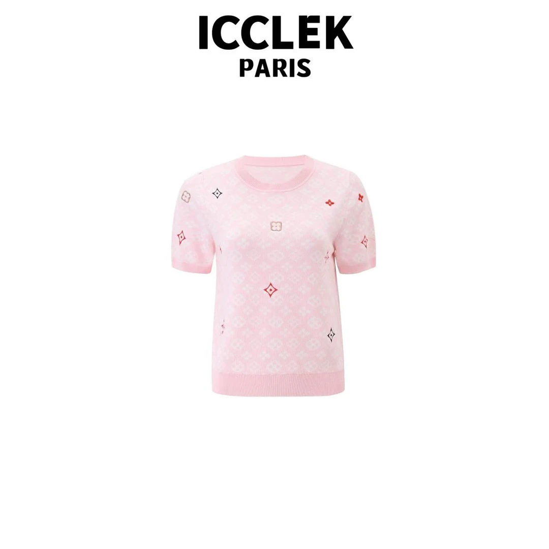 ICCLEK 粉色圆领老花短袖薄款针织衫 -5310