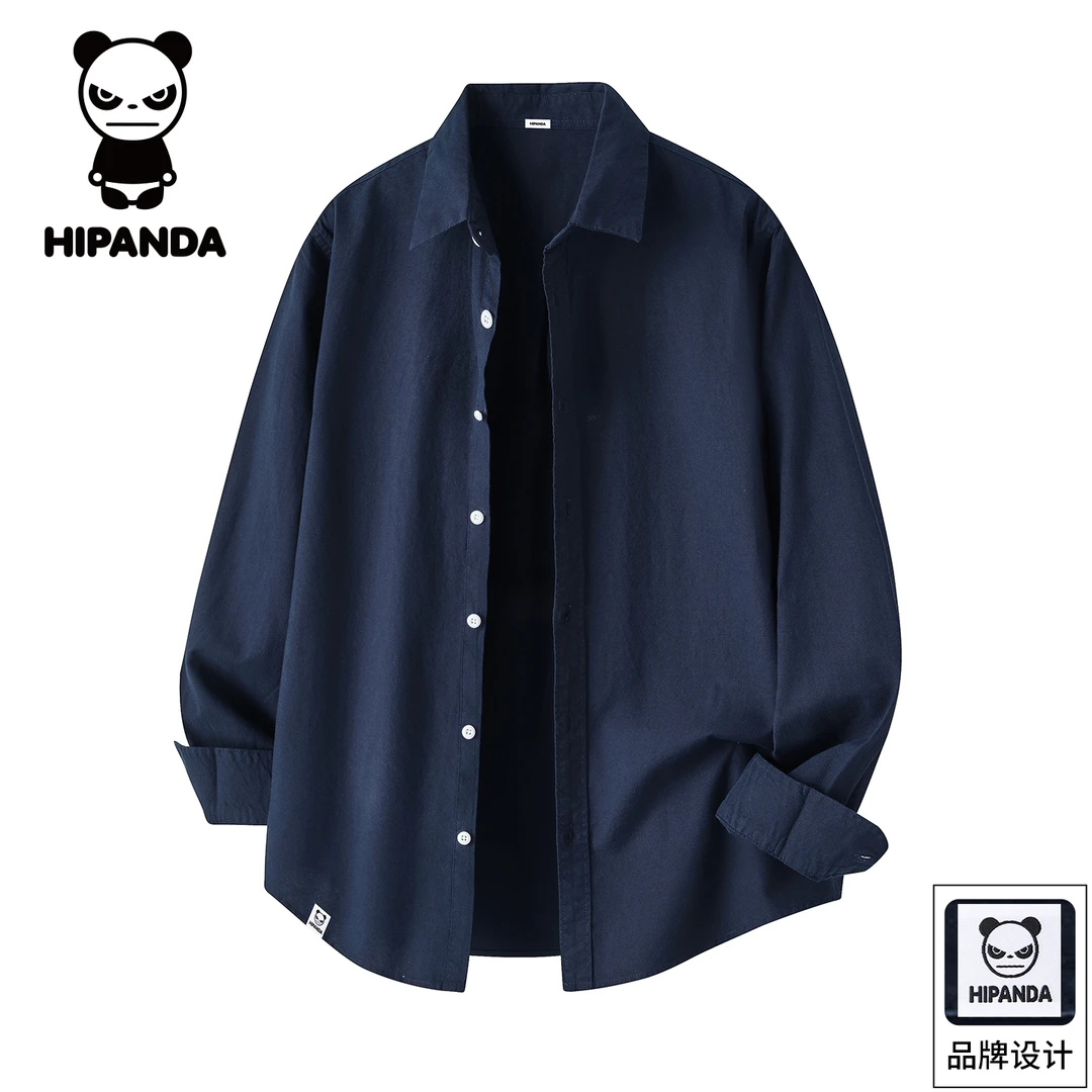 Hi Panda你好熊猫美式纯棉翻领长袖衬衫男款秋季宽松百搭休闲衬衫