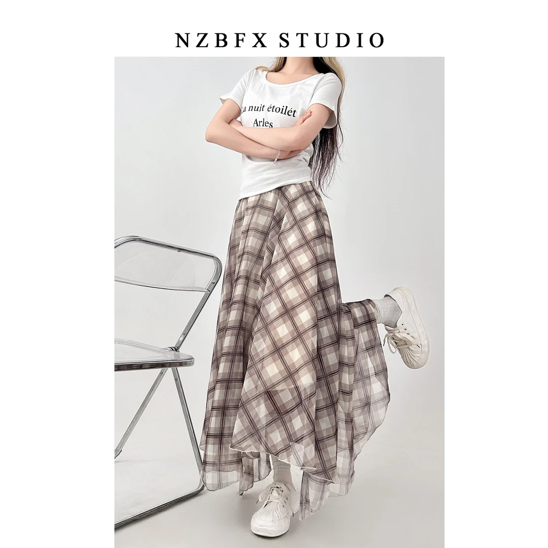 大码胖mm复古不规则格纹半身裙女夏季垂感A字大摆伞裙格子长裙子