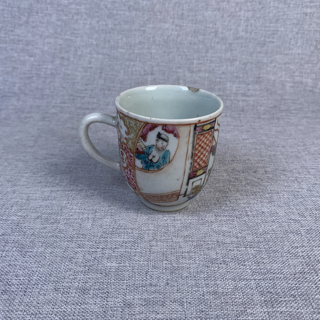 清代广彩人物故事把杯古瓷器真品国营镇江市文物商店库出5128340