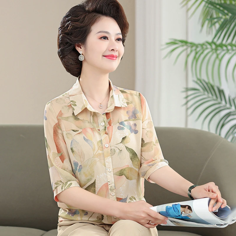 2025年新款时尚休闲气质夏季女翻领碎花减龄显瘦洋气雪纺衫大码女