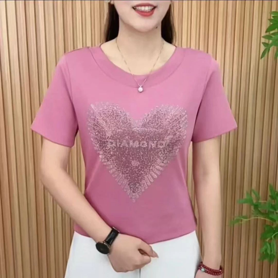 夏季新款时尚简约圆领纯色烫钻字母百搭大码显瘦短袖洋气T恤小衫