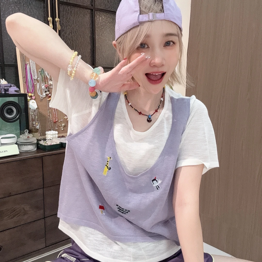 Apr.【红屋顶】假两件夏季显白时尚休闲百搭宽松刺绣圆领T恤SC2569