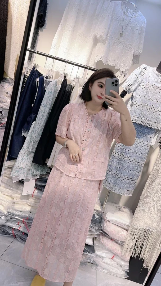 夏短袖小香风套装裙复古设计感重工上衣一套搭配半身裙大码女装