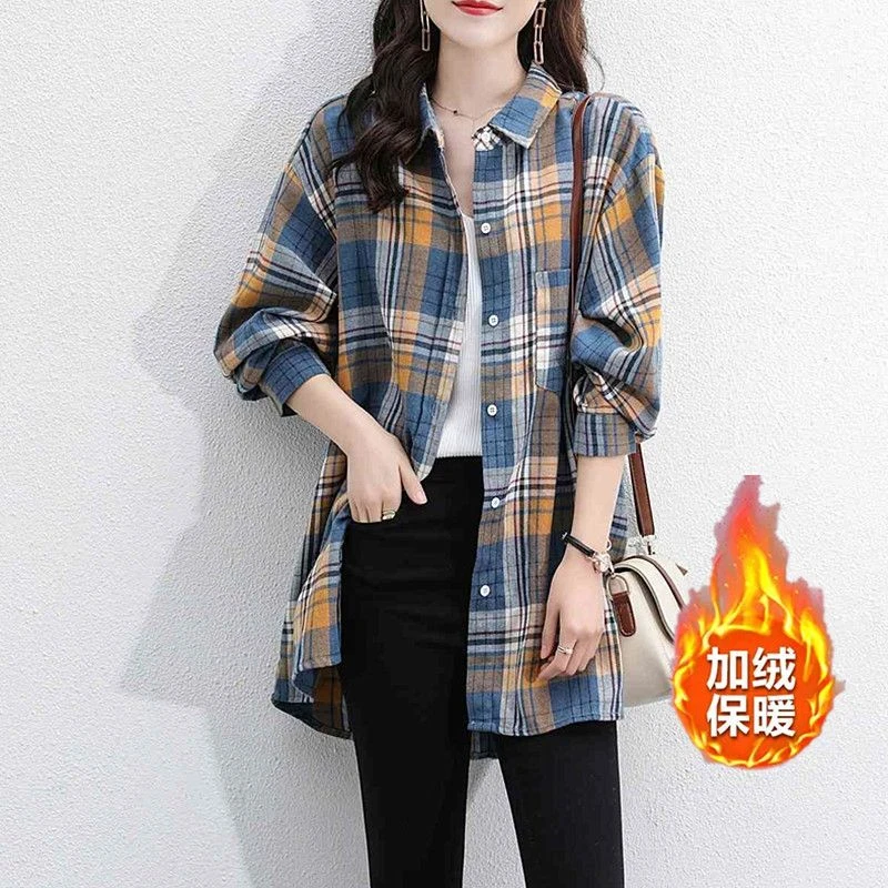 格子衬衫女长袖韩版宽松复古春秋叠穿上衣中长款加绒加厚磨毛外套