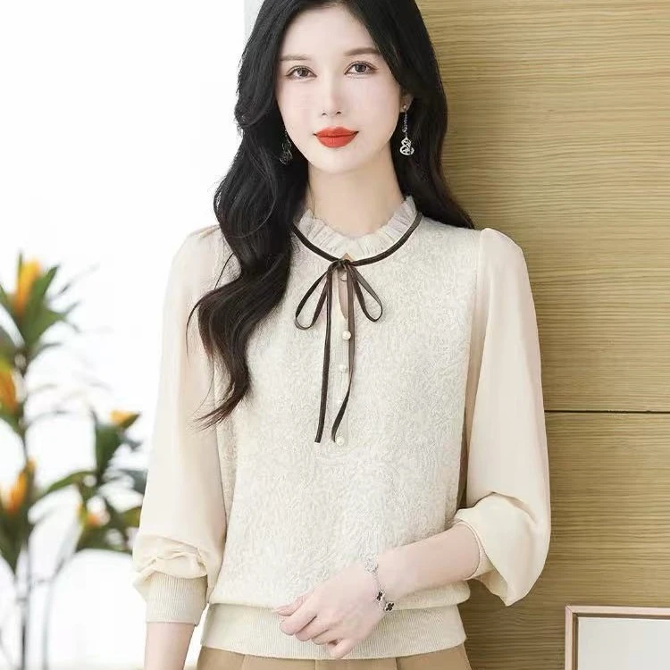 蕾丝春季秋装秋季秋冬娃娃领针织上衣洋气设计感毛针织衫气质