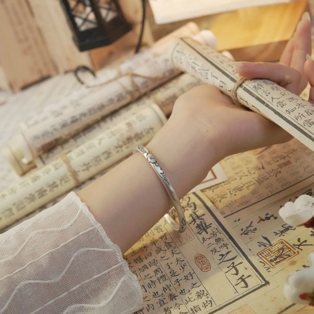 足银手镯 足银999.9国风古法做旧款云金叶手镯简约百搭 清雅