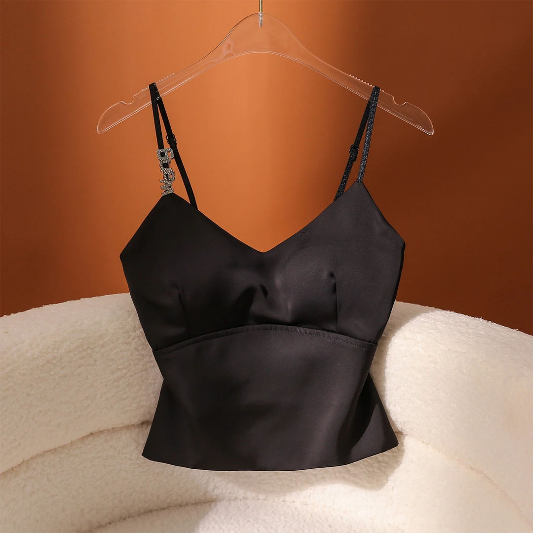 黑色缎面吊带背心女内搭带胸垫性感修身显瘦辣妹短款打底抹胸上衣