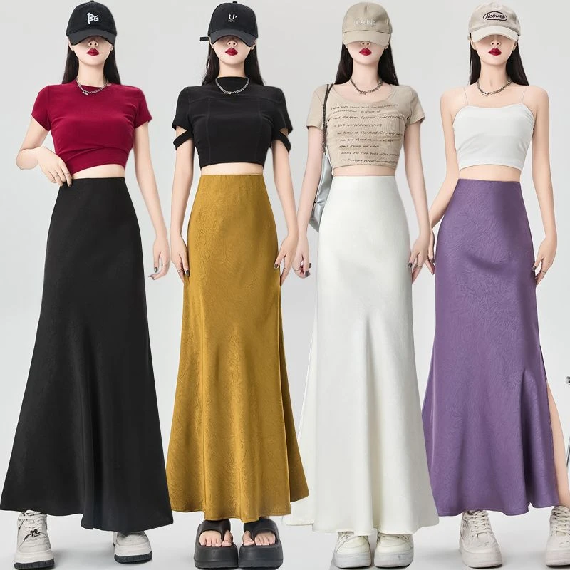 醋酸缎面侧开叉半身裙女2025春夏季暗纹肌理提花垂感a字鱼尾裙