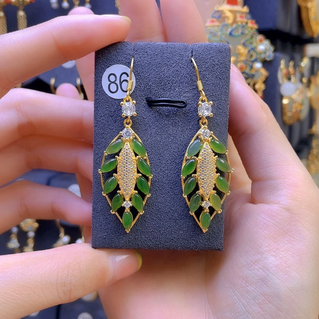 和田玉耳饰银S925镀金镶嵌