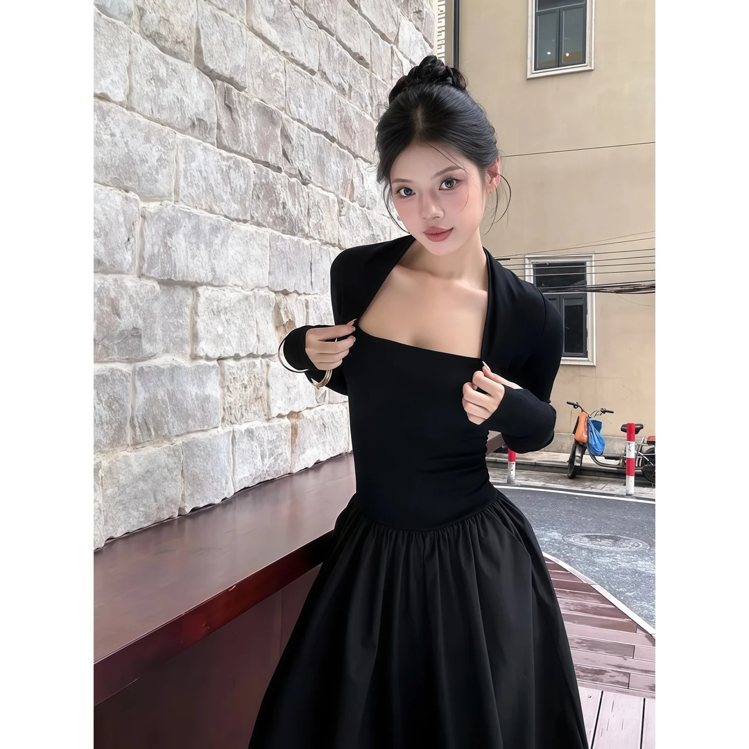 秋季法式极简风黑色长袖连衣裙女收腰显瘦高级感气质裙套装