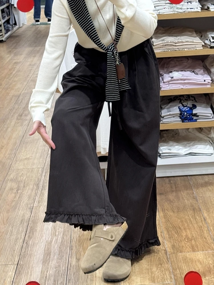 花边棕色阔腿工装裤女款大码胖mm显瘦秋季流行风格直筒休闲裤子潮