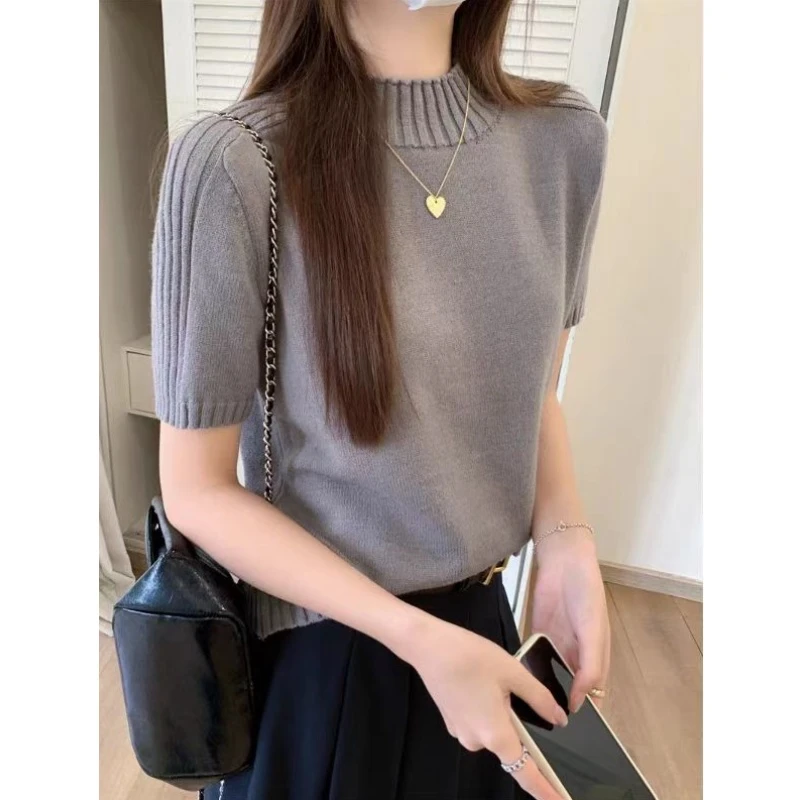 韩系加厚针织半高领灰色洋气显瘦针织短袖女