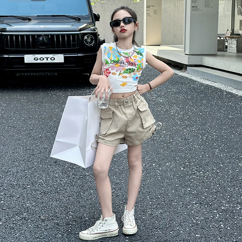 女童无袖t恤夏季2025新款儿童女孩夏款洋气背心夏装工装短裤套装