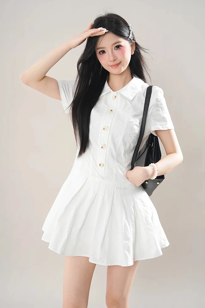 学院风POLO领衬衫连衣裙夏日绝美韩剧穿搭休闲慵懒风高级感衬衫裙