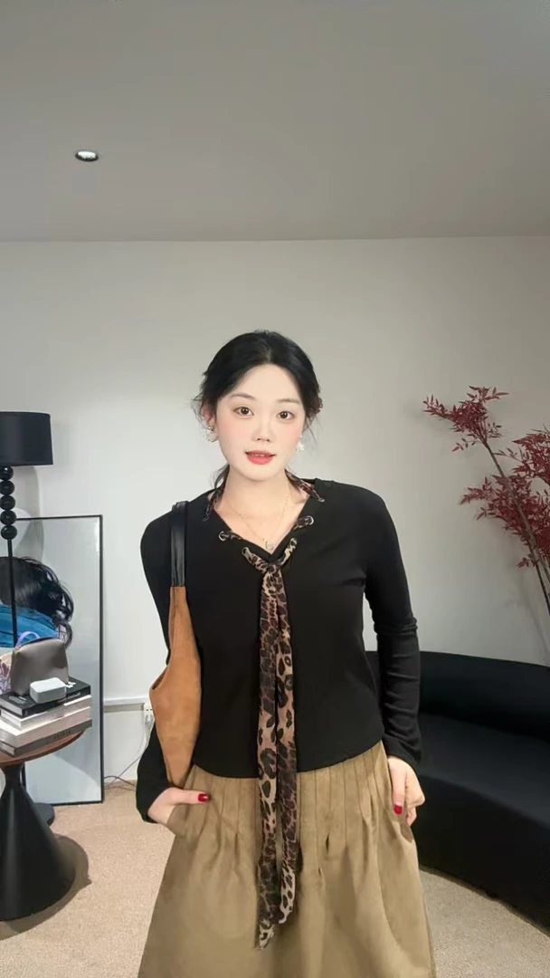 橙子~纯欲风豹纹系带百搭时尚长袖T恤复古修身显瘦内搭打底上衣
